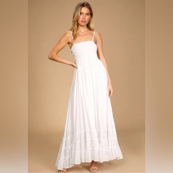 Lulus Serene Sunshine White Swiss Dot Smocked Cutout Tiered Maxi Dress - Picture 3 of 5